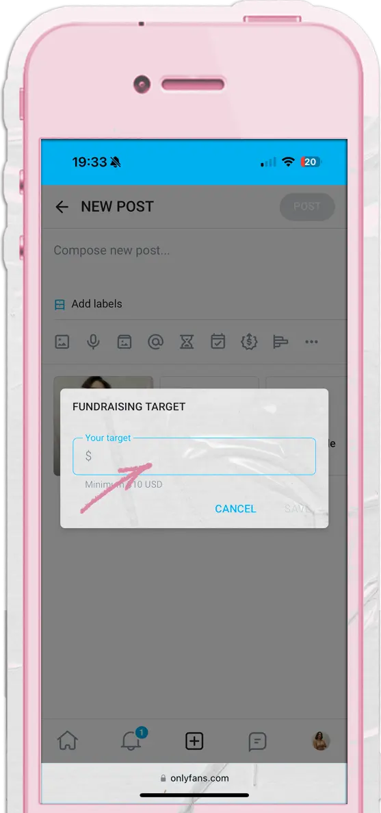screenshot showing how to set the onlyfans fundraising goal
