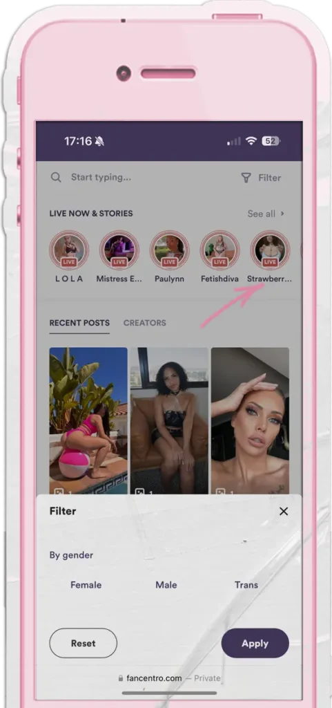 screenshot of discover feature on fancentro