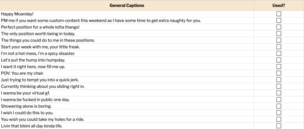 Screenshot showing a list of post captions for onlyfans in excel