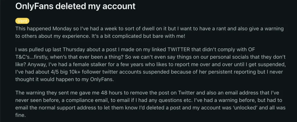 screenshot from reddit of a thread about onlyfans deactivating account for posting non compliant post on twitter