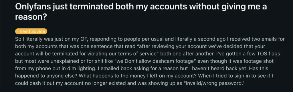 screenshot from reddit thread about onlyfans deactivating users account for dashcam footage