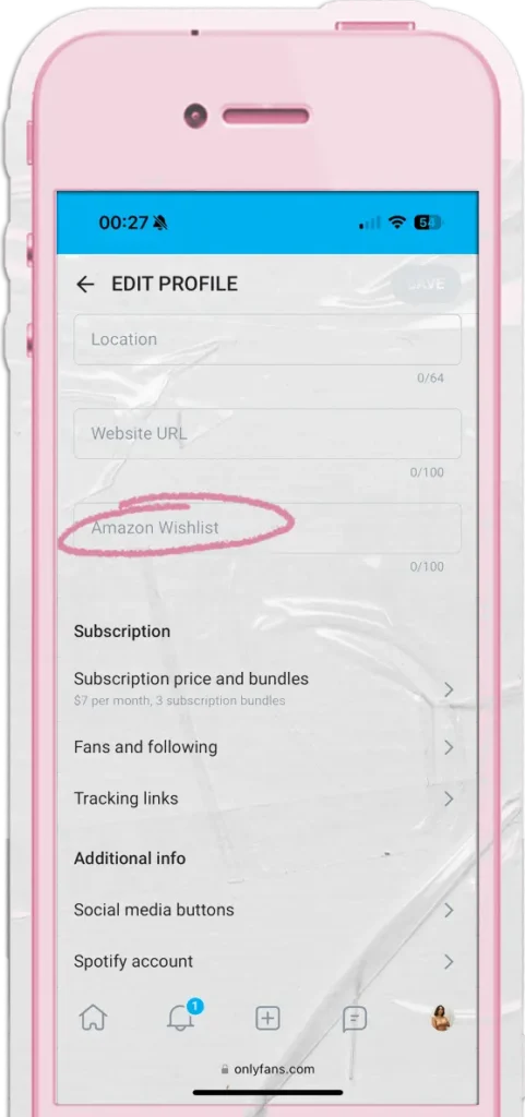 screenshot showing where to find Amazon wishlist link section in your onlyfans profile