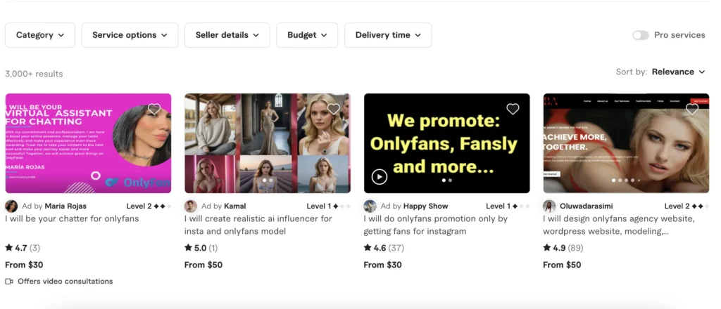 screenshot from fiverr showing certain job listings from OnlyFans assistans