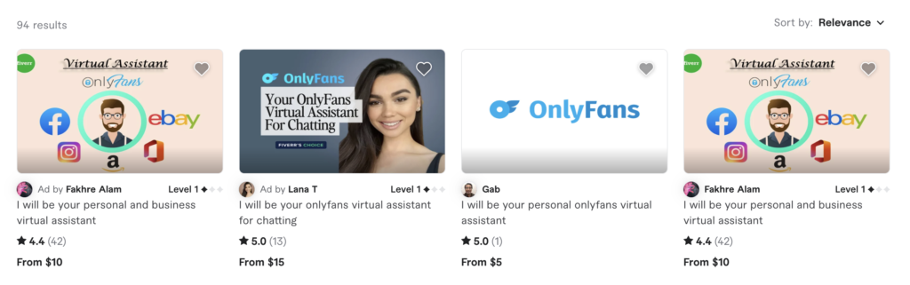 screenshot showing some examples of OnlyFans virtual assistant specialist listings