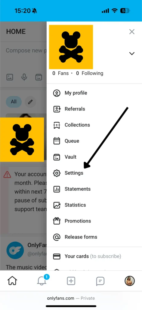 screenshot showing where to find onlyfans settings