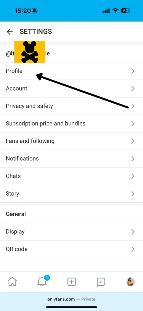 screenshot showing where to find the profile submenu in OnlyFans settings