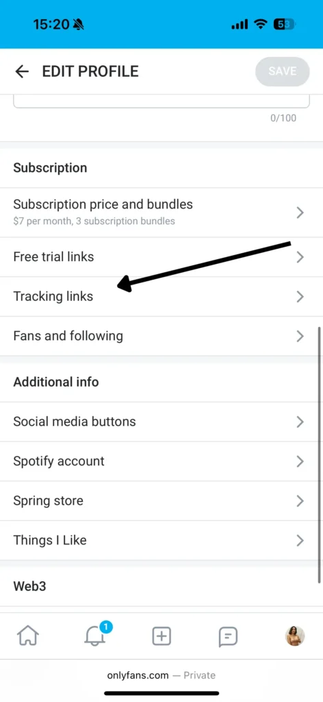 Screenshot showing where to find Tracking links on OnlyFans
