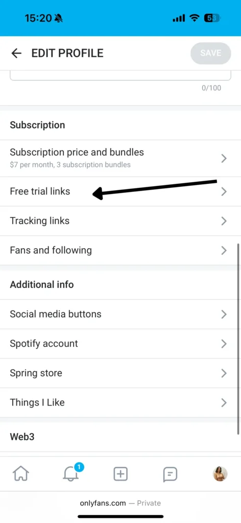 screenshot showing where to find free trial links on OnlyFans