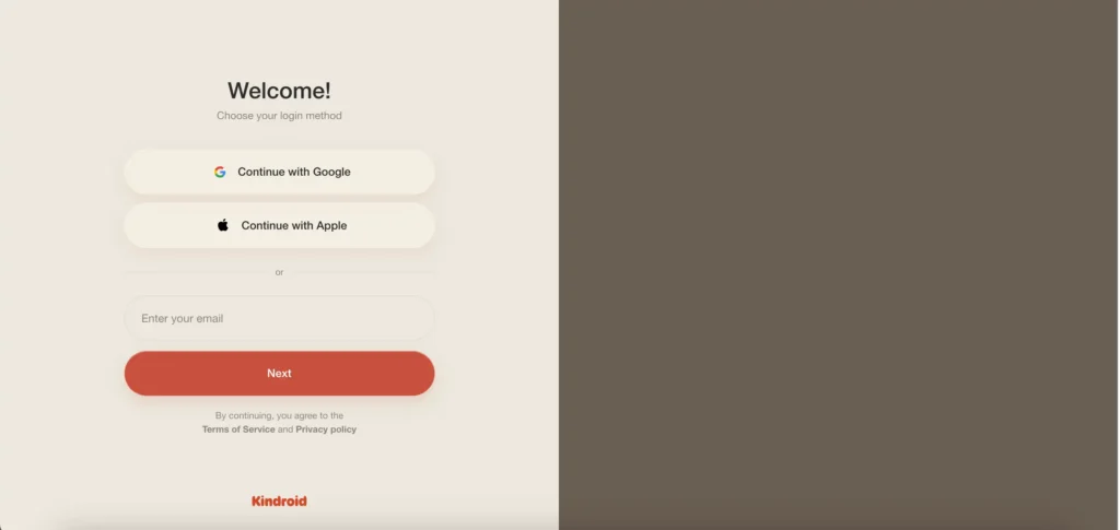 captura de la página de registro de kindroid