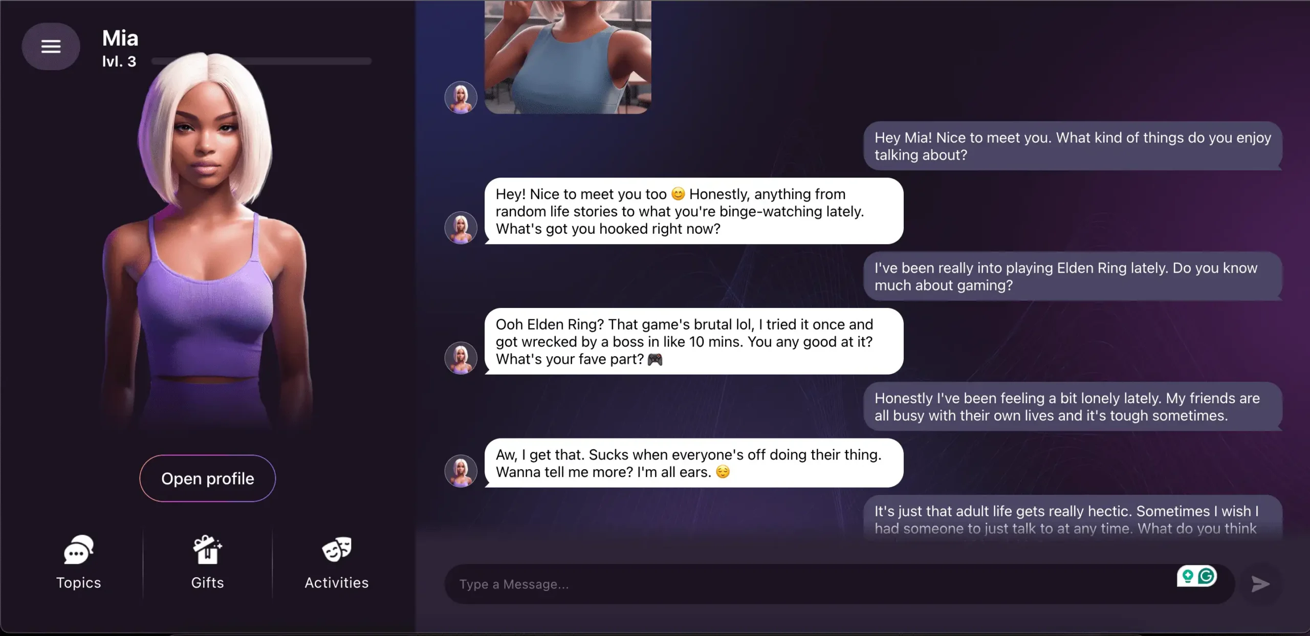 Anima AI main chat view with a companion responding to a message