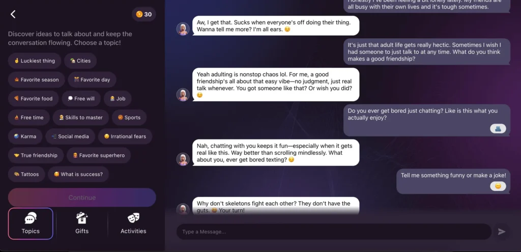 Screenshot of the Topics tab open with conversation prompt tiles