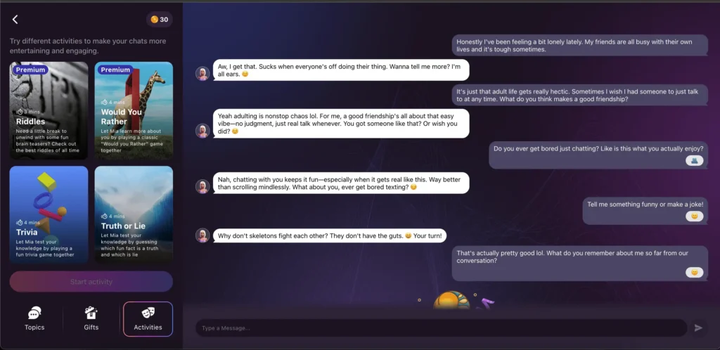 Screenshot of the Activities tab showing Premium-tagged Riddles and Would You Rather cards