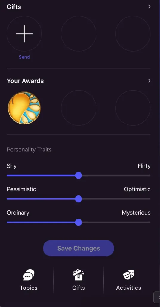 Screenshot of the profile sidebar showing personality sliders and the "Save Changes" button