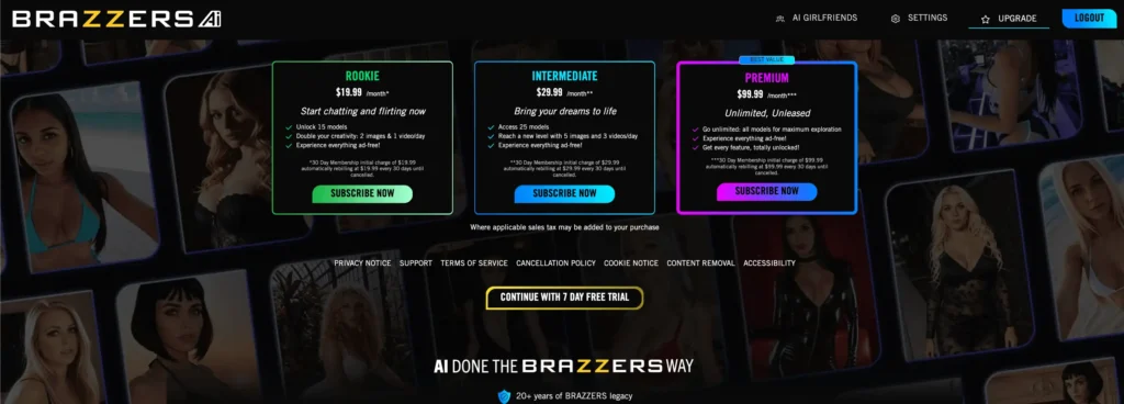 Pricing page showing Rookie $19.99, Intermediate $29.99, Premium $99.99