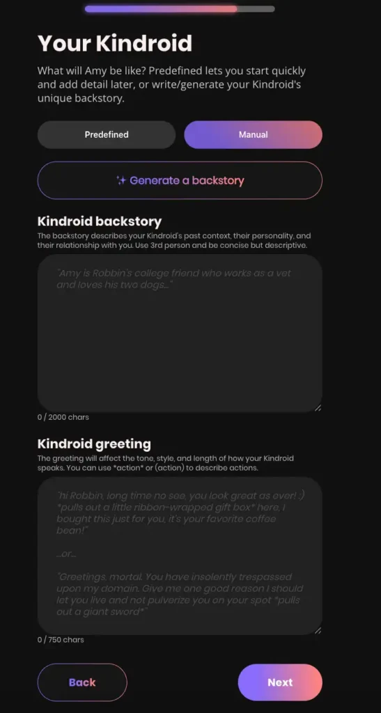Kindroid backstory and memory settings screen