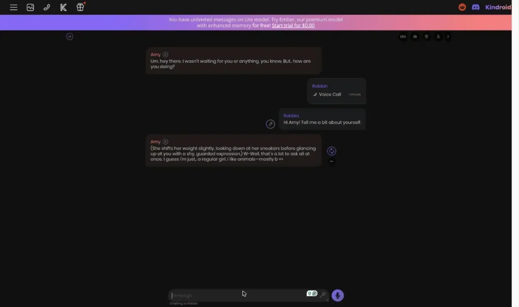 vista del chat con IA de kindroid