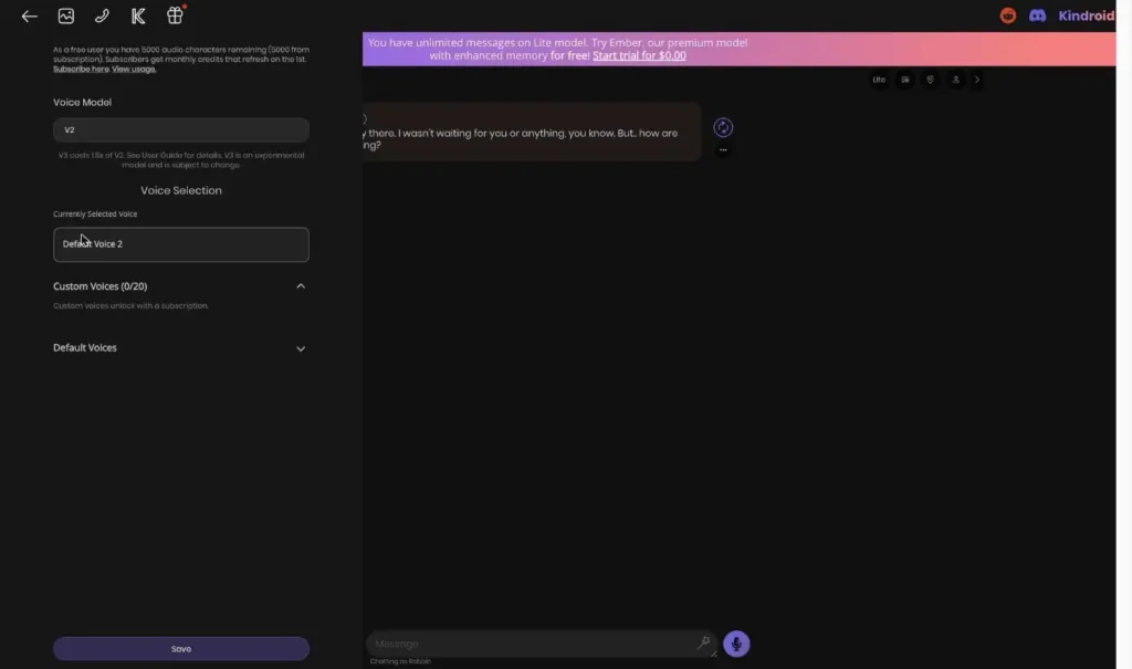 Kindroid voice settings screenshot