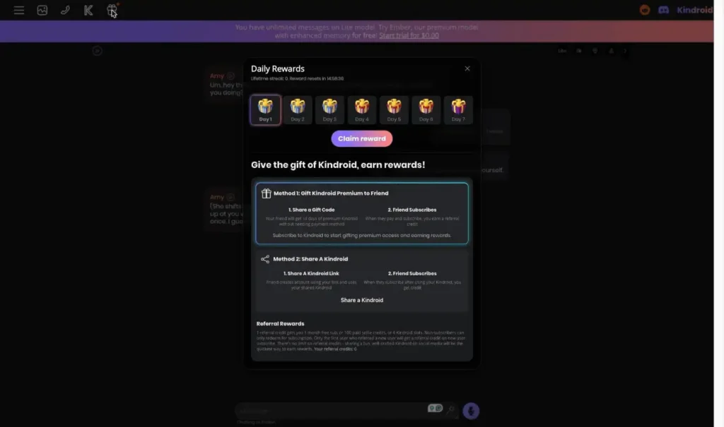 pantalla de recompensas diarias de la plataforma