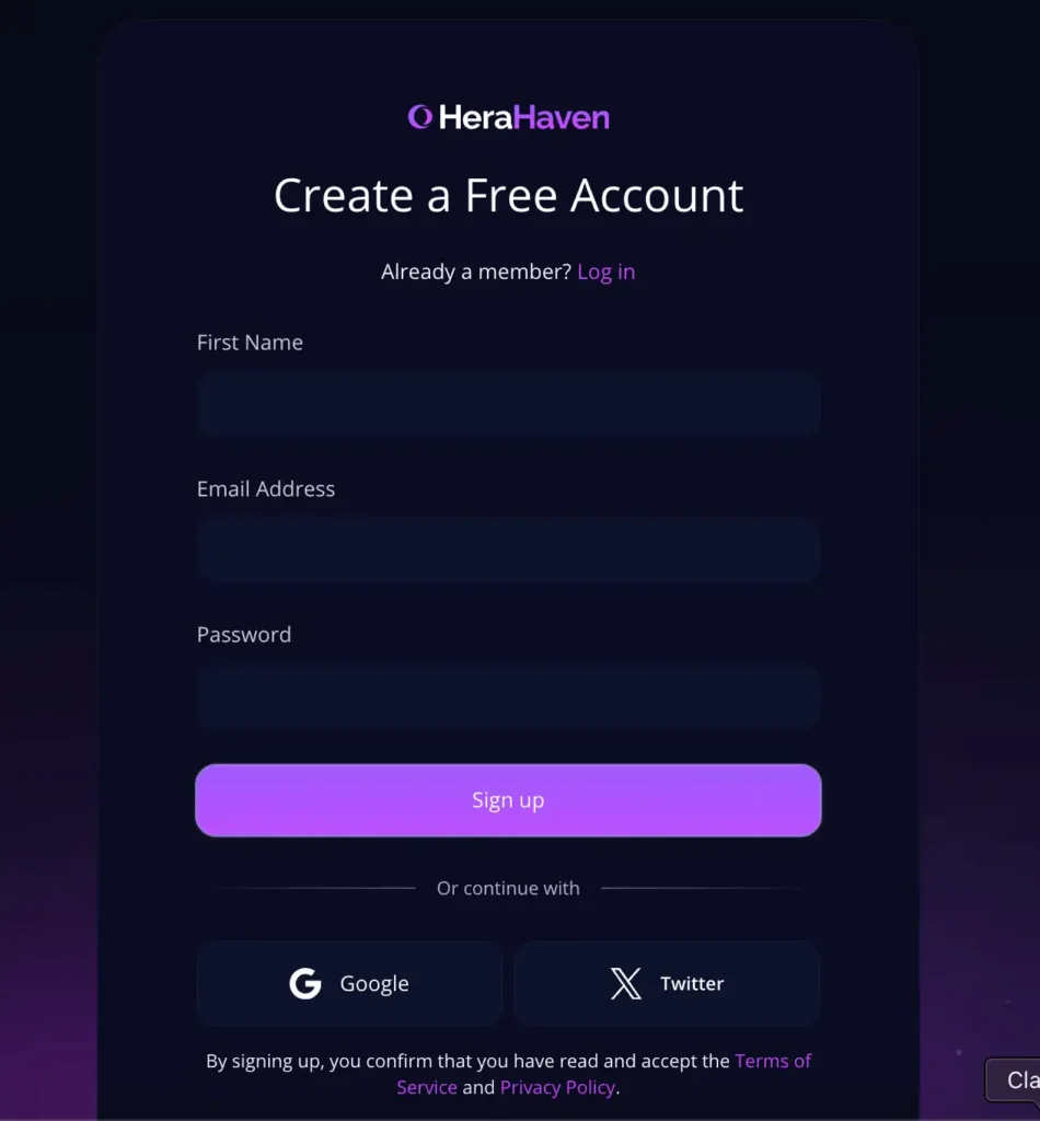 herahaven sign up page view