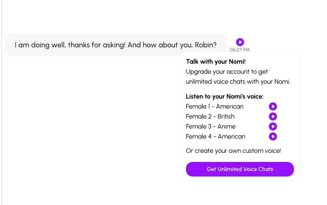 Nomi AI voice messages and ElevenLabs voice cloning section
