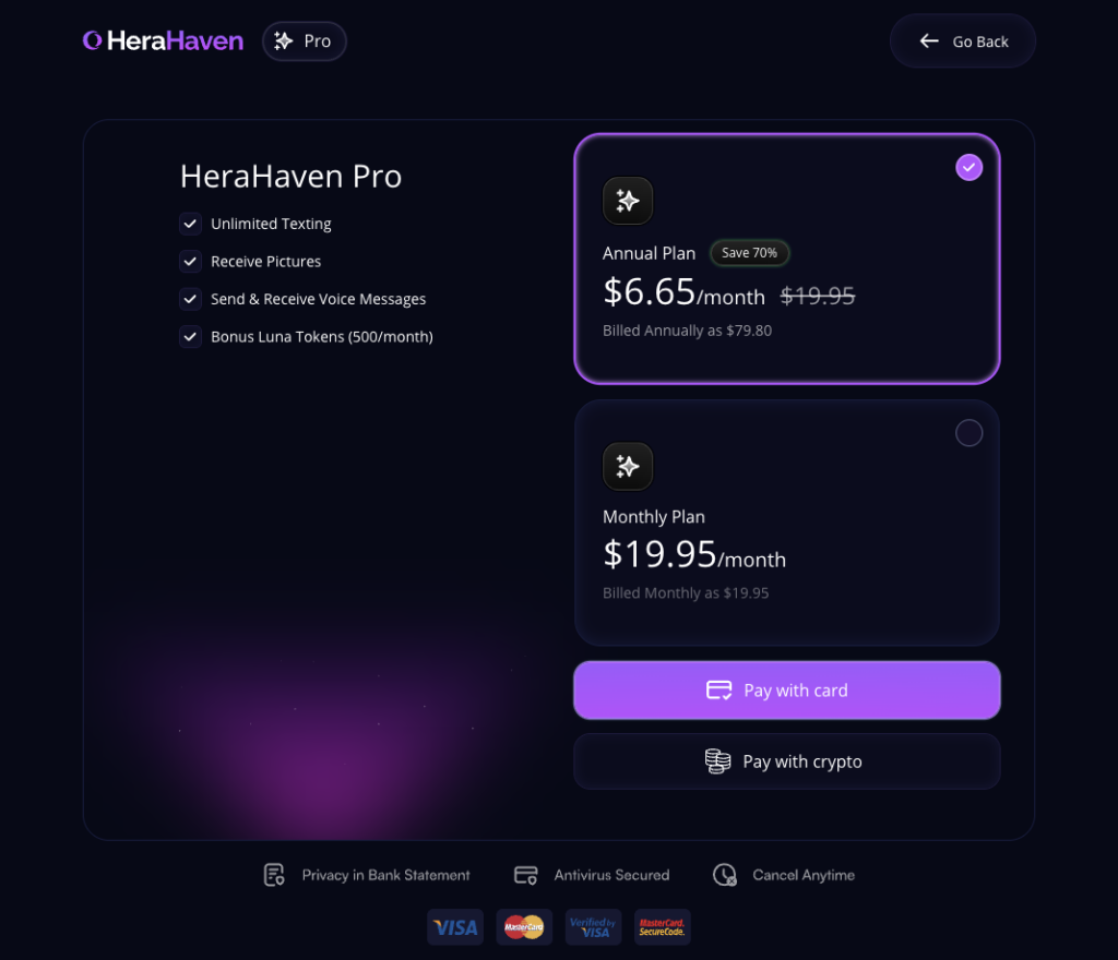 pricing screen on the platform