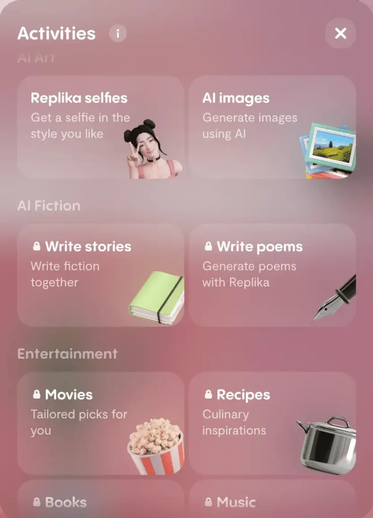 replika ai activites feature preview screenshot