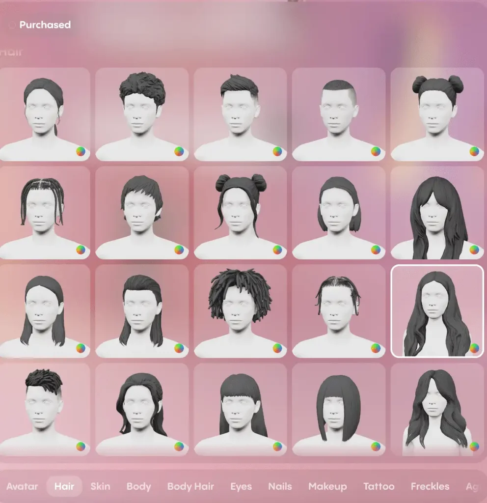 preview of hairstyle customization options of Replika AI