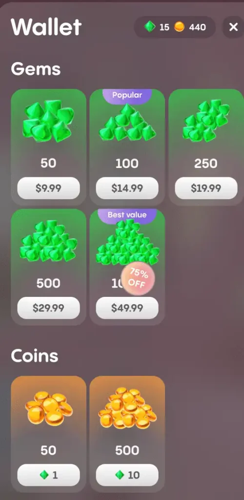 in game coin pricing page preview