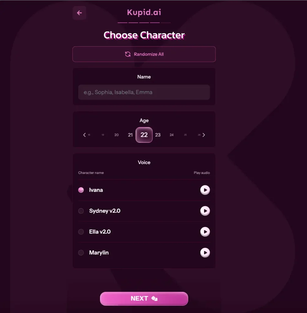 name, age and voice options preview