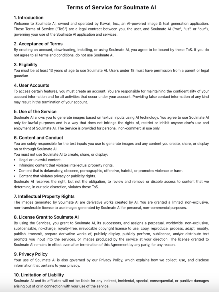 a section from the terms of use from Soulmate AI