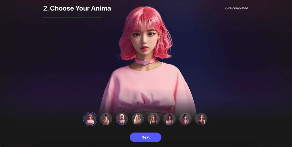 Screenshot of the "Choose Your Anima" step with the avatar carousel and full-body preview