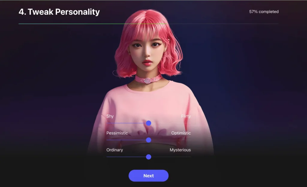Screenshot of the personality sliders screen