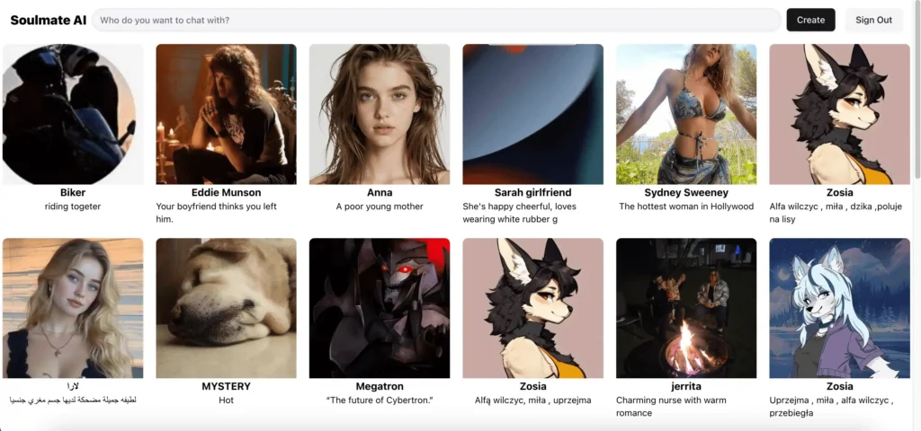 soulmate ai homepage view