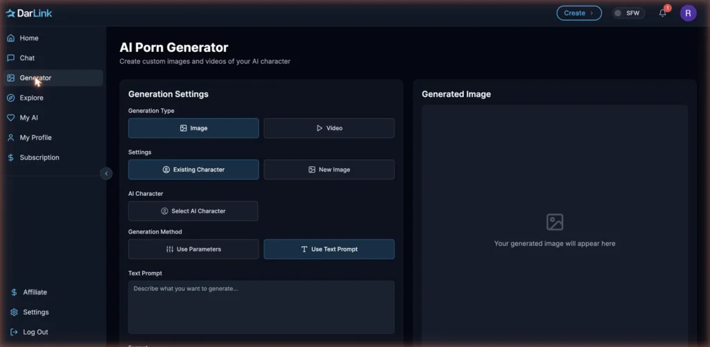 DarLink AI image and video generator interface with parameters and text-prompt modes