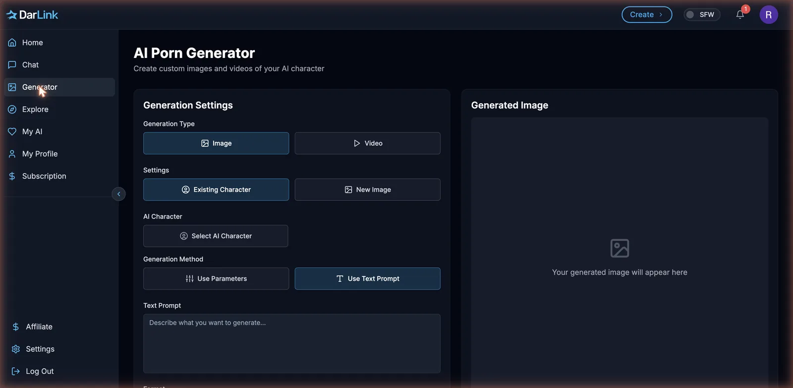 DarLink AI image and video generator interface with parameters and text-prompt modes