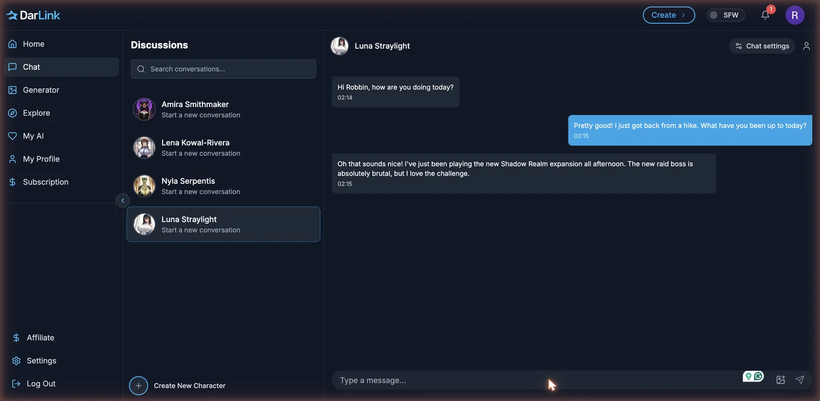 DarLink AI chat conversation showing the character replying in context