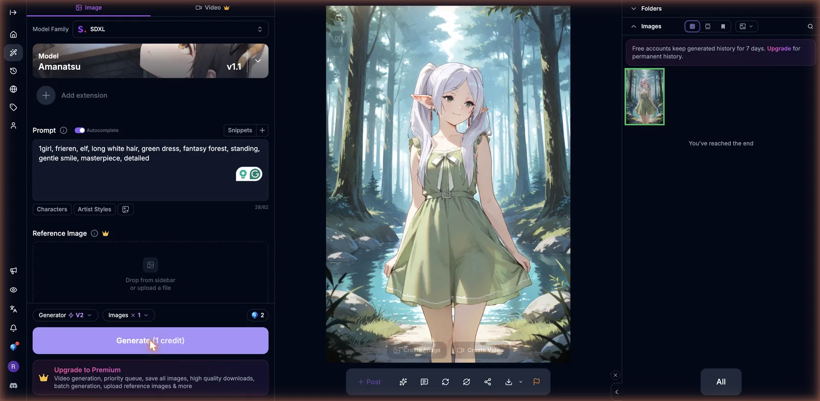 Anime elf character in a green dress generated on BetterWaifu, standing in a fantasy forest
