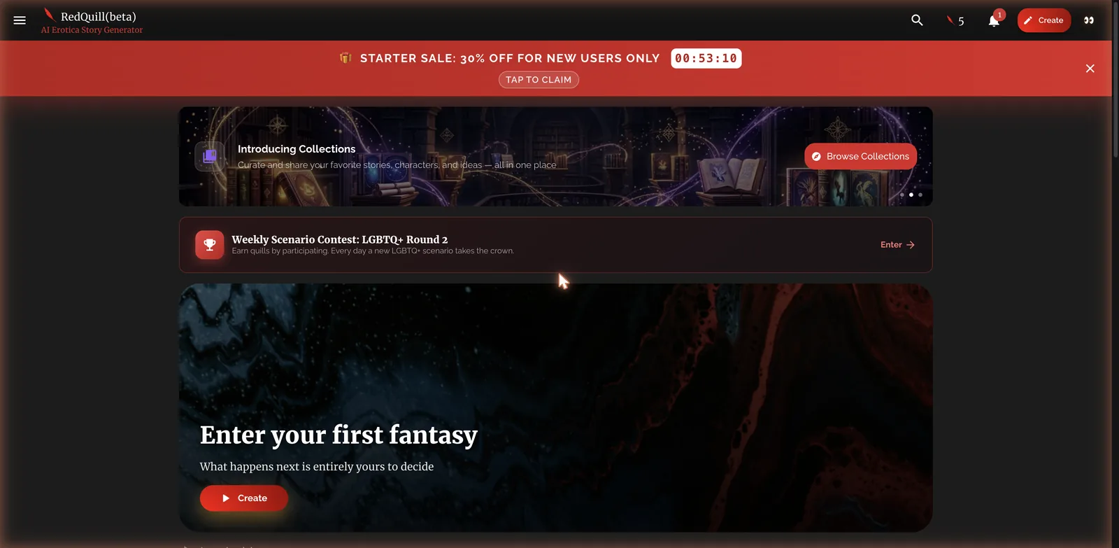 RedQuill AI erotica story generator home dashboard with daily quill balance