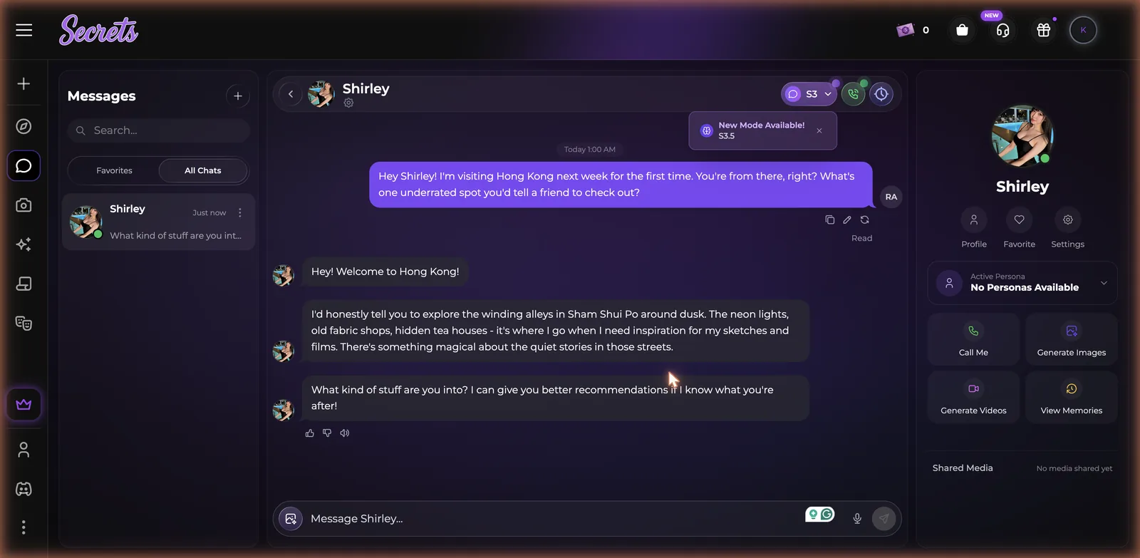 Secrets AI conversation showing in-character, locally accurate replies