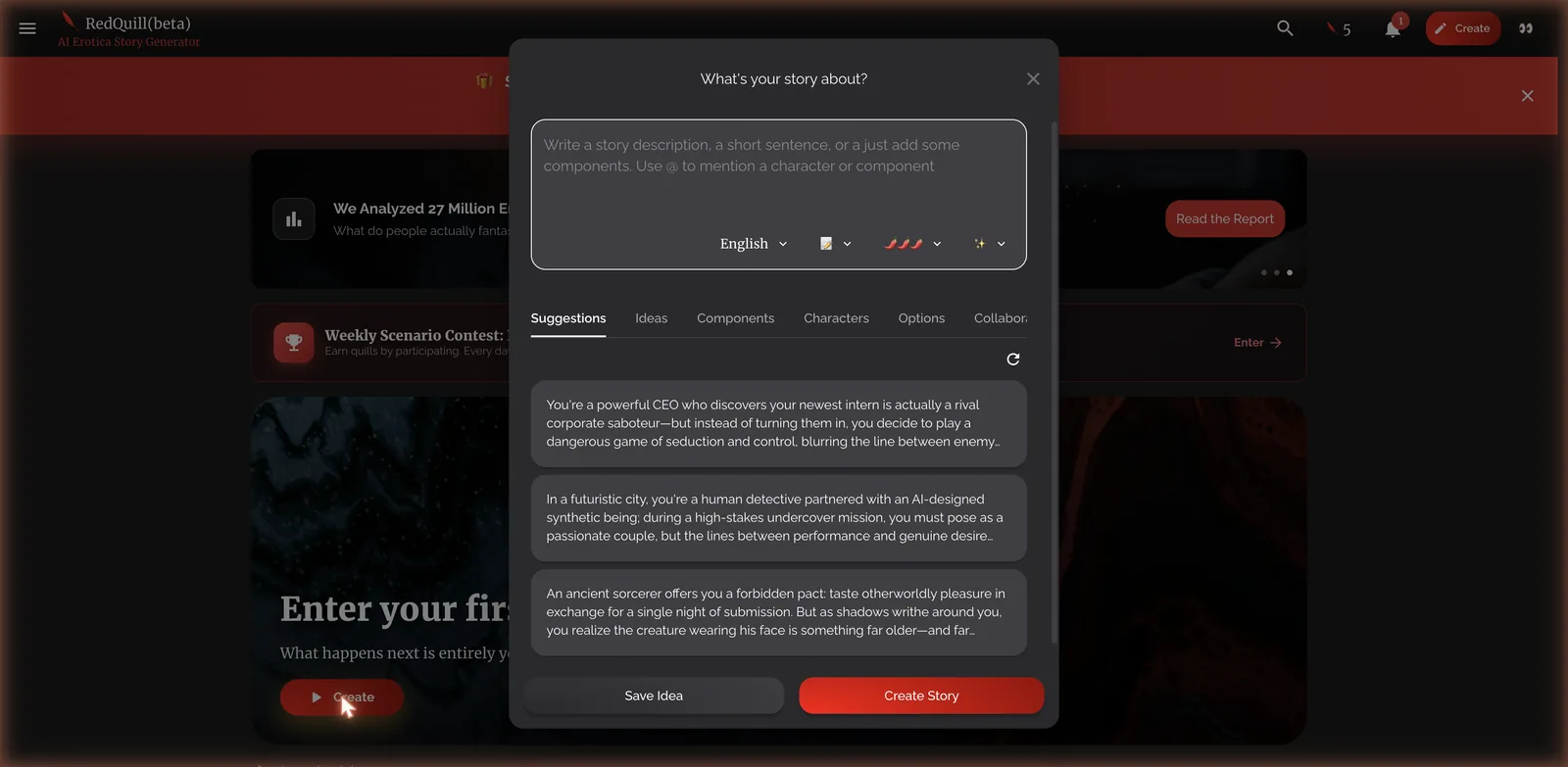 RedQuill story creation panel with spice level, perspective and visibility controls