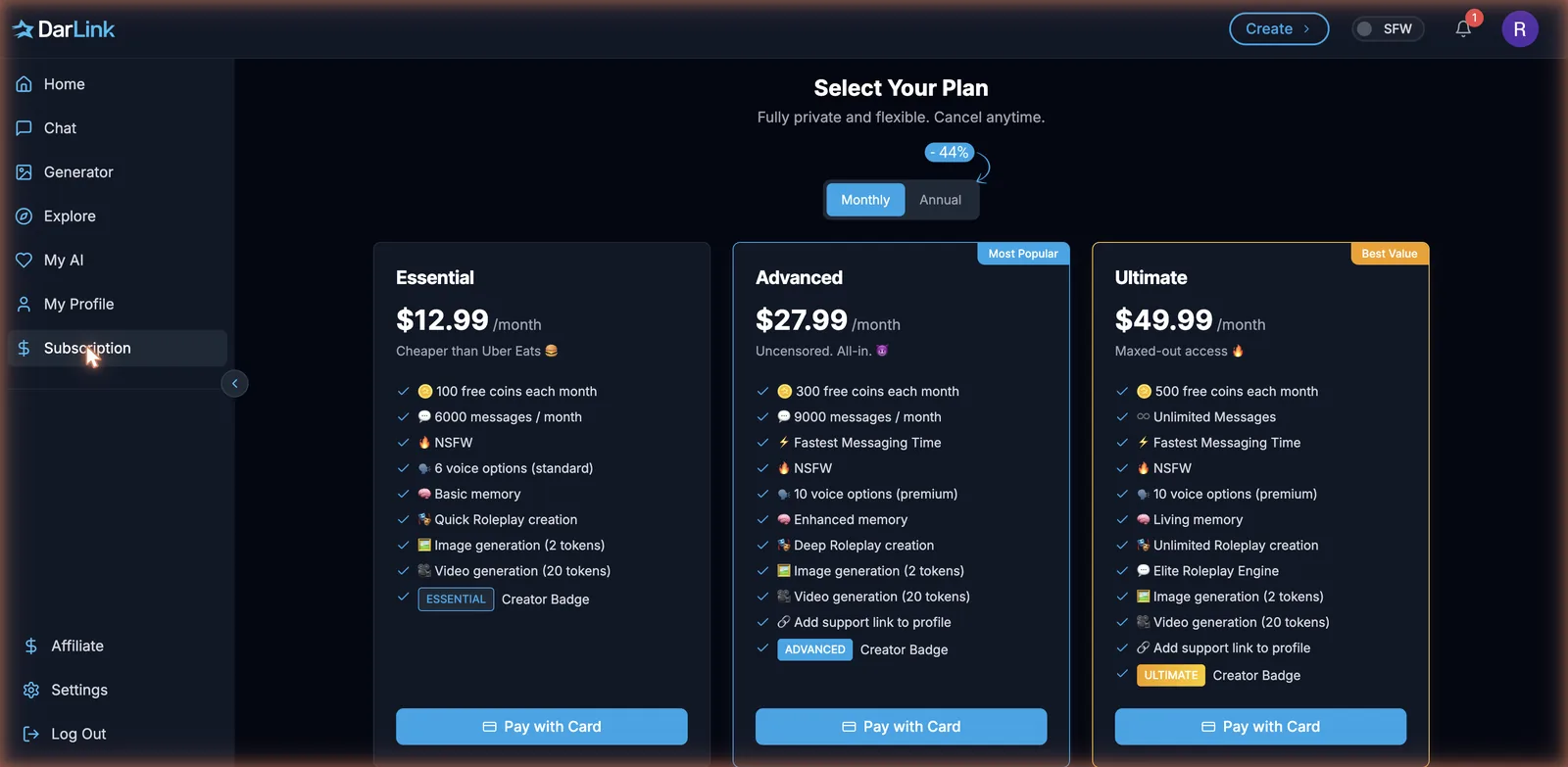 DarLink AI subscription plans showing Essential, Advanced, and Ultimate tiers