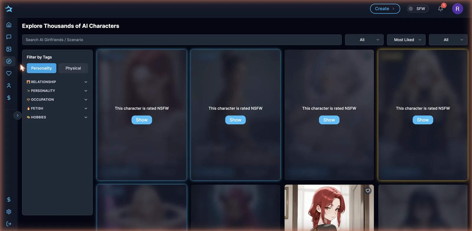 DarLink AI Explore page with tag filters for relationship, personality, occupation, fetish, and hobbies