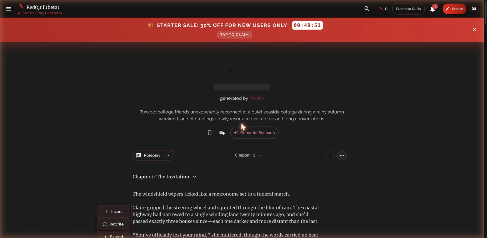 AI-generated story chapter in RedQuill with Insert, Rewrite and Extend editing tools