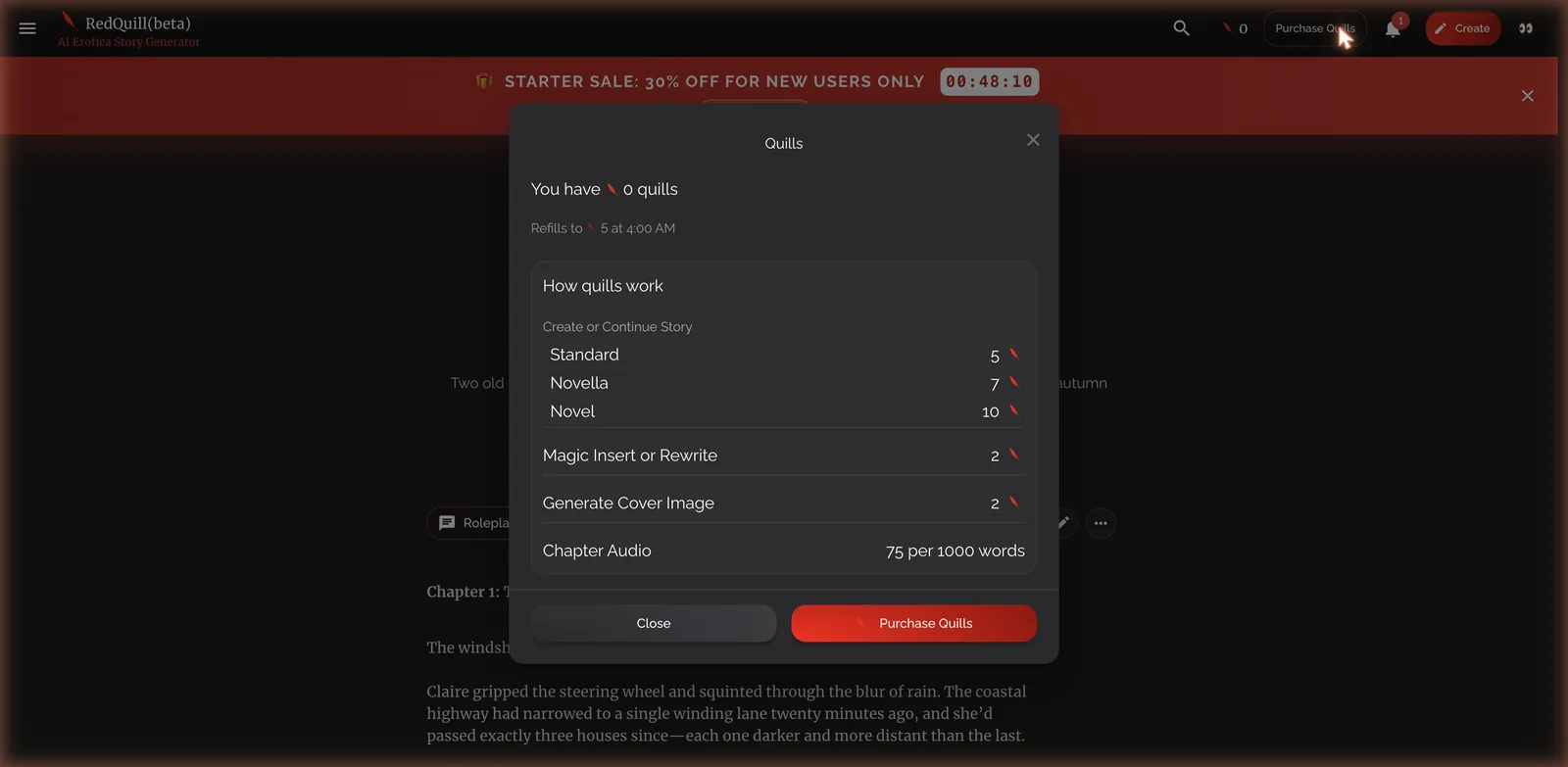 RedQuill quill costs for chapters, rewrites, cover images and audio narration
