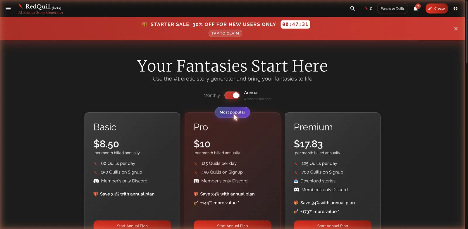 RedQuill subscription pricing tiers Basic, Pro and Premium