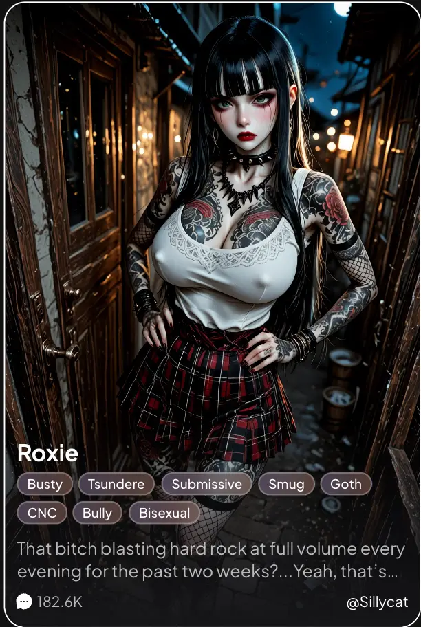 [image2 — Character profile card for Roxie, showing tags and message count]