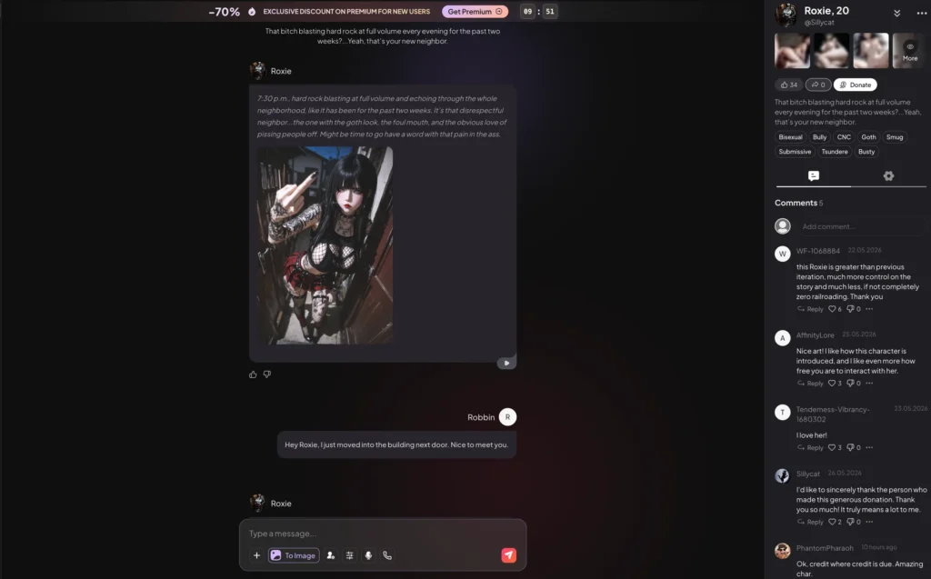 [image3 — Chat screen showing a conversation exchange with Roxie]