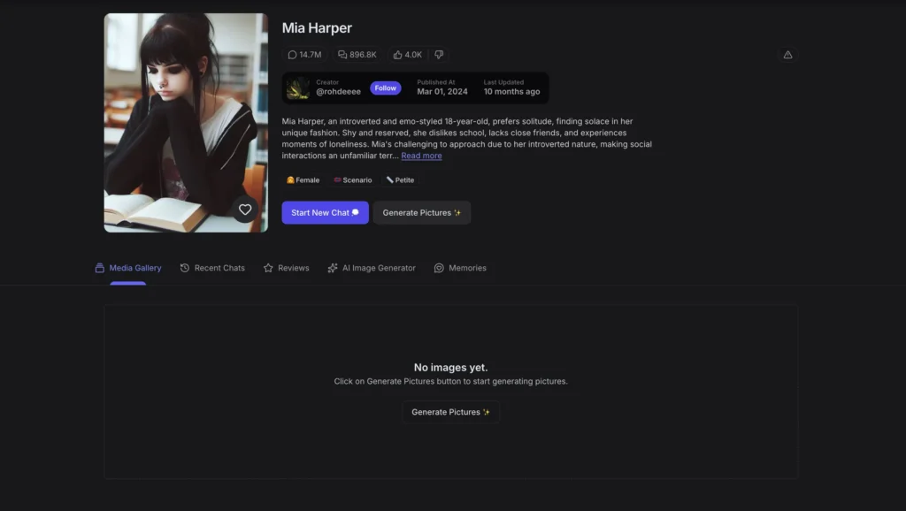 character profile page for "Mia Harper" showing bio, creator info, stats, and Start New Chat / Generate Pictures buttons