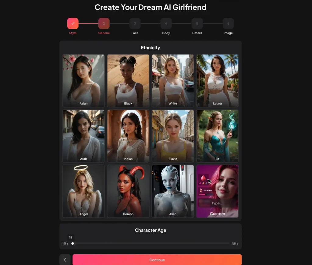 [image4 — Character creation wizard, step 2 (Ethnicity selection grid with photos)]