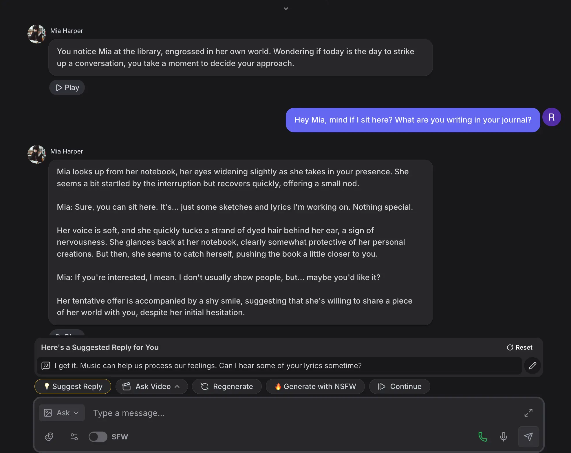 GirlfriendGPT chat thread showing italic-narration reply with reply controls